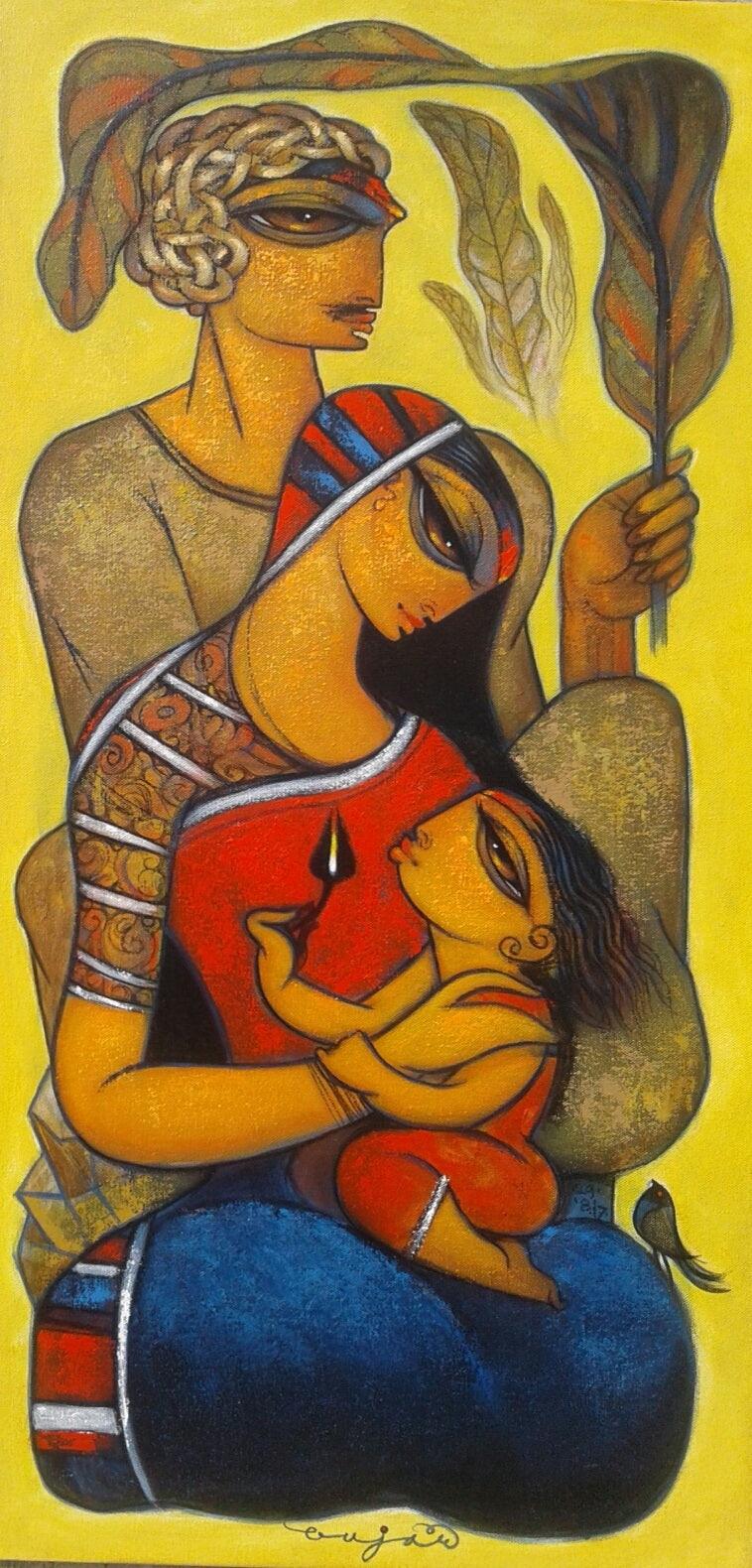 Figurative acrylic painting titled 'Family 2', 36x18 inches, by artist Ramesh Gujar on Canvas