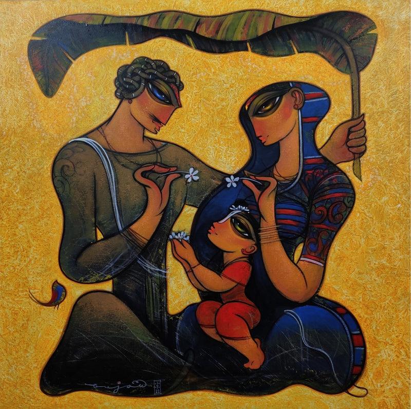 Religious acrylic painting titled 'Family 2', 36x36 inches, by artist Ramesh Gujar on Canvas
