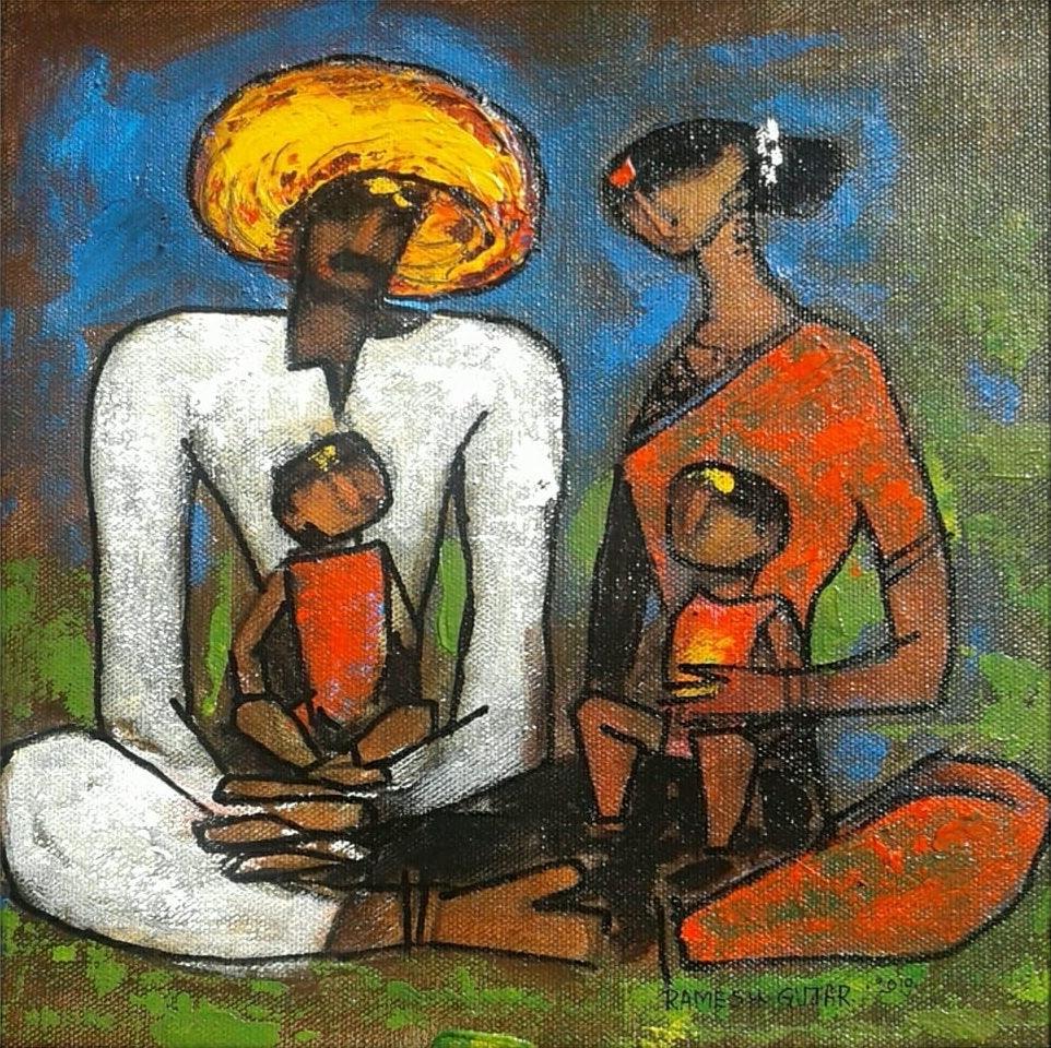 Figurative acrylic painting titled 'Family 3', 12x12 inches, by artist Ramesh Gujar on Canvas