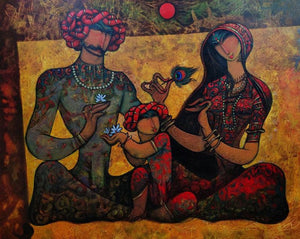 Figurative acrylic painting titled 'Family 6', 52x62 inches, by artist Ramesh Gujar on Canvas