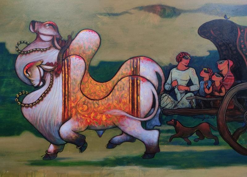 Figurative acrylic painting titled 'Family', 36x48 inches, by artist Ramesh Gujar on Canvas