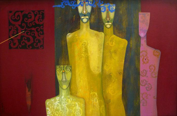 Figurative acrylic painting titled 'Family', 40x60 inches, by artist Samar Singh on Canvas
