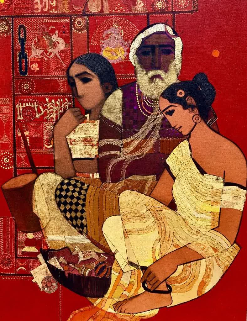 Figurative acrylic painting titled 'Family', 36x48 inches, by artist Siddharth Shingade on Canvas