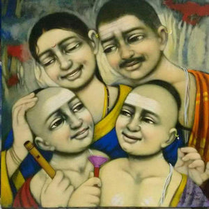 Figurative acrylic painting titled 'Family', 24x24 inches, by artist Apet Pramod on Canvas