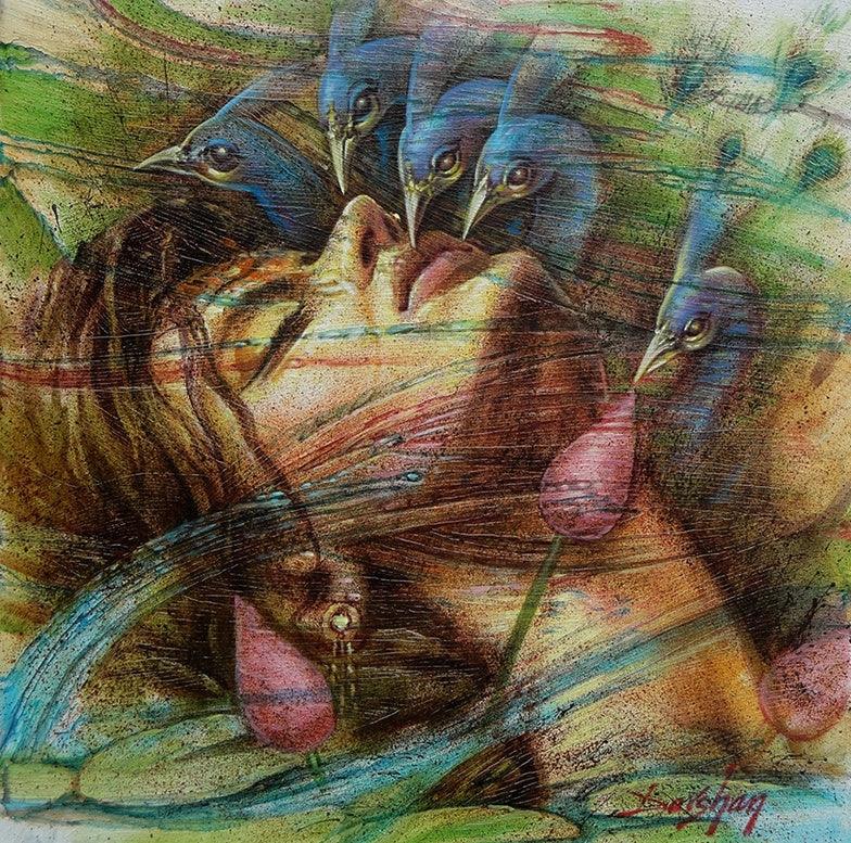 Figurative oil painting titled 'Fantasy 2', 24x24 inches, by artist Darshan Sharma on Canvas