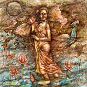 Fantasy by Darshan Sharma, Original Oil Figurative Painting on Canvas, X-Large Square Wall Art