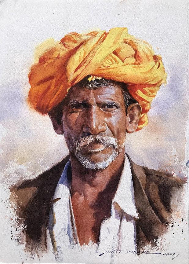 Figurative watercolor painting titled 'Farmer', 14x10 inches, by artist Amit Dhane on Paper
