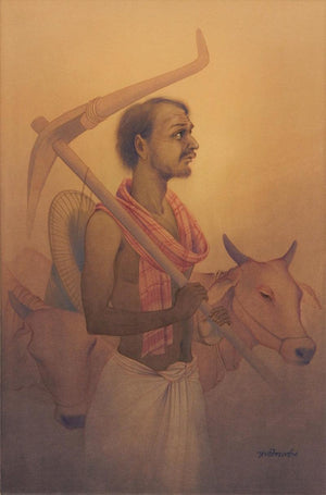 Figurative watercolor painting titled 'Farmer', 22x15 inches, by artist Rajib Gain on Paper