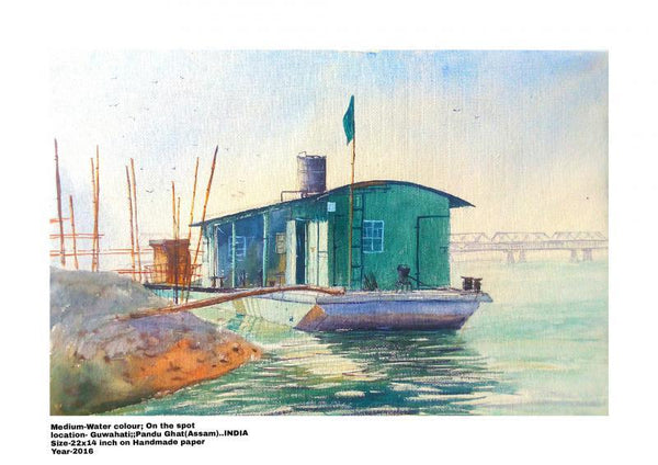 Ferry Stoppage By The River Bank Of Brah Painting by Biki Das | ArtZolo.com