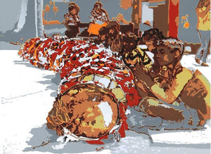 Festival (Rhythmic Celebration) by Kanchan Kapruwan, Original Silk Screen Figurative Painting on Paper, Small Horizontal Wall Art