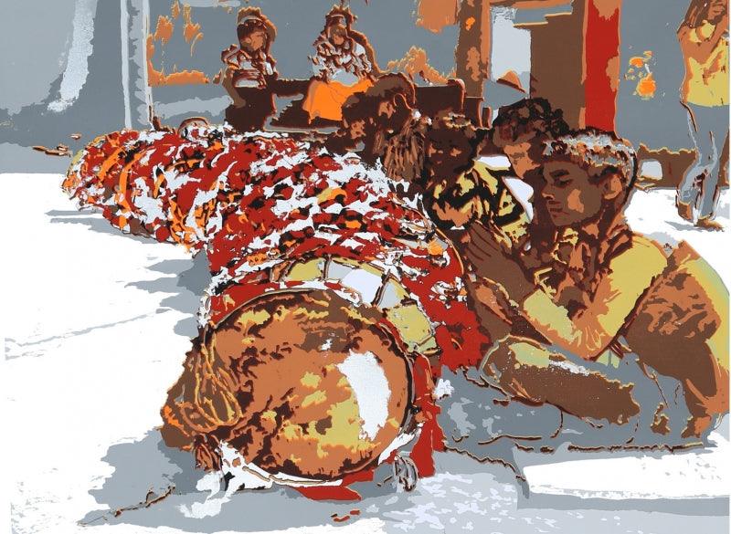 Figurative silk screen painting titled 'Festival', 12x18 inches, by artist Kanchan Kapruwan on Paper