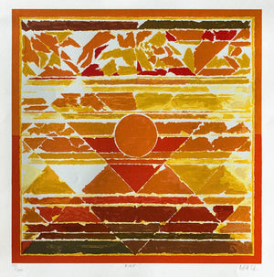 Abstract serigraphs painting titled 'Fire', 40x30 inches, by artist S. H. Raza on Paper