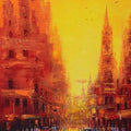 Cityscape oil painting titled 'First Light', 48x24 inches, by artist Purnendu Mandal on Canvas
