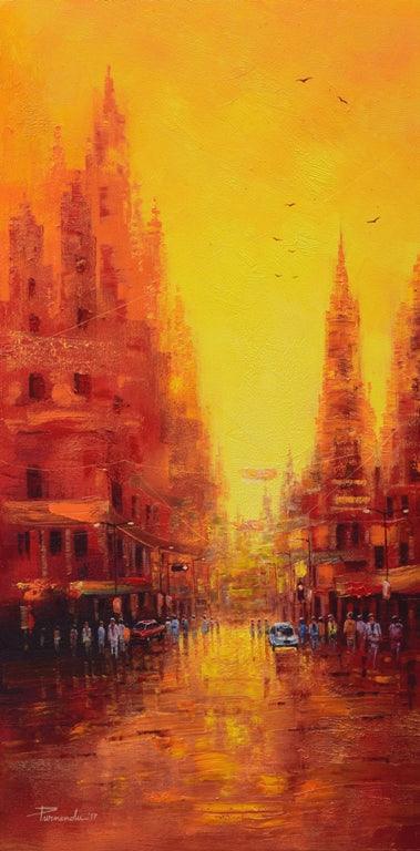 Cityscape oil painting titled 'First Light', 48x24 inches, by artist Purnendu Mandal on Canvas