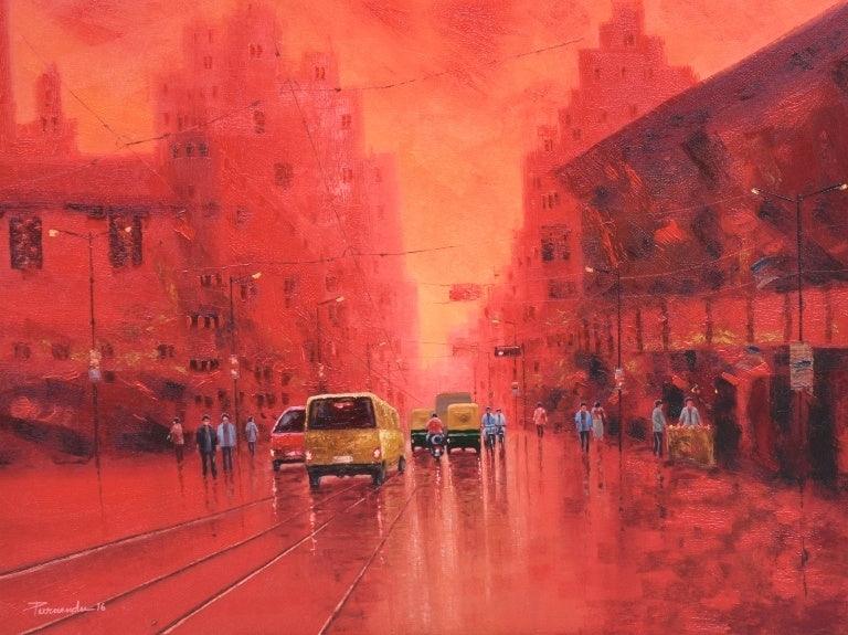 Cityscape oil painting titled 'First Light', 36x48 inches, by artist Purnendu Mandal on Canvas