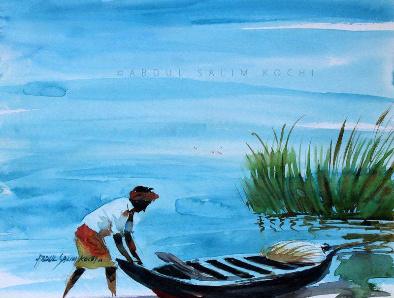 Figurative watercolor painting titled 'Fisherman', 9x12 inches, by artist Abdul Salim on Paper
