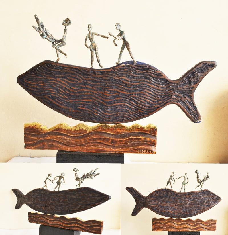 Figurative sculpture titled 'Fisherman', 17x23x4 inches, by artist Renu Bala on Wood, Metal