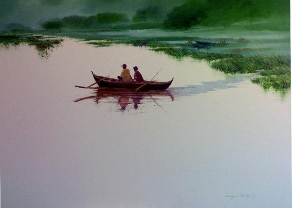 Fishermen In Boat Painting by Narayan Shelke | ArtZolo.com