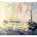 Landscape watercolor painting titled 'Fishing Boat', 14x10 inches, by artist Soven Roy on Paper