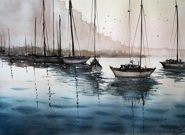 Fishing Boats Painting by Arunava Ray | ArtZolo.com