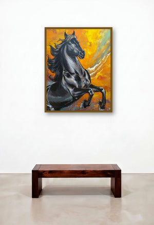 Horse 02 (Midnight Charge) by artist Deven Ramesh Bhosale displayed in a Japandi Bedroom