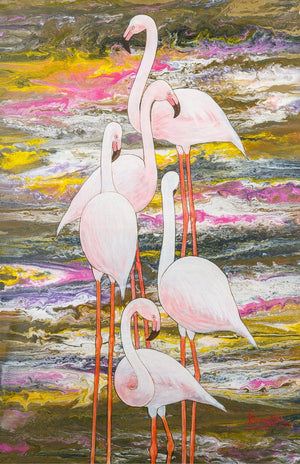 Animals acrylic painting titled 'Flamingos', 36x24 inches, by artist Shivani Attri on Canvas