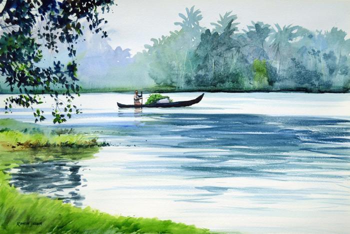 Floating Along The Backwaters Painting by Ramesh Jhawar | ArtZolo.com
