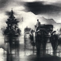 Cityscape charcoal painting titled 'Flora Fountain', 20x20 inches, by artist Ajay De on Paper