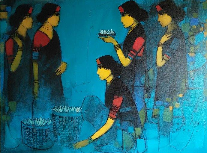Flower Girls Blue Painting by Sachin Sagare | ArtZolo.com
