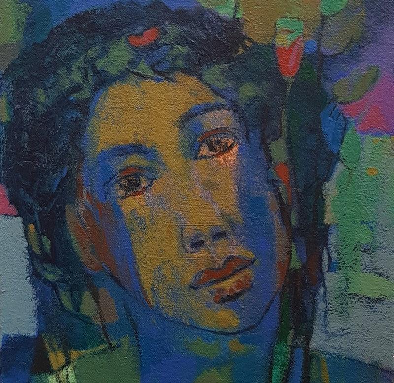 Figurative acrylic painting titled 'Flower Seller', 12x12 inches, by artist Avinash Mokashe on Canvas