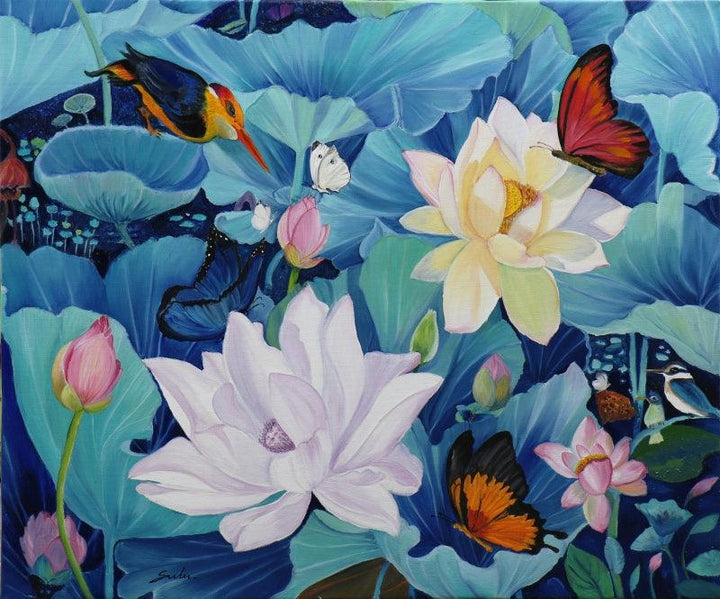 Flower With Birds Butterfly 1 Painting by Sulakshana Dharmadhikari | ArtZolo.com
