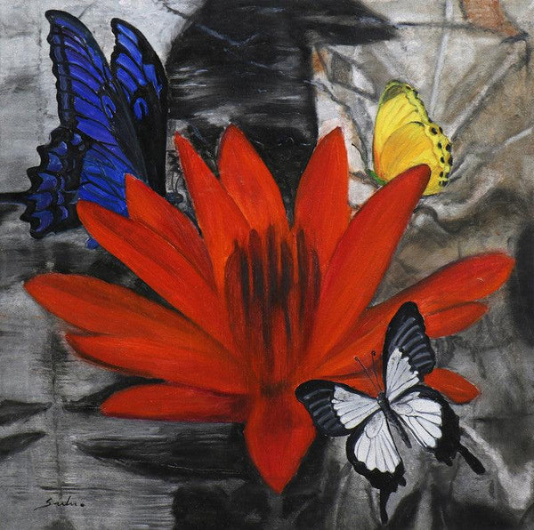 Flower With Butterflies 12 30X30 Painting by Sulakshana Dharmadhikari | ArtZolo.com