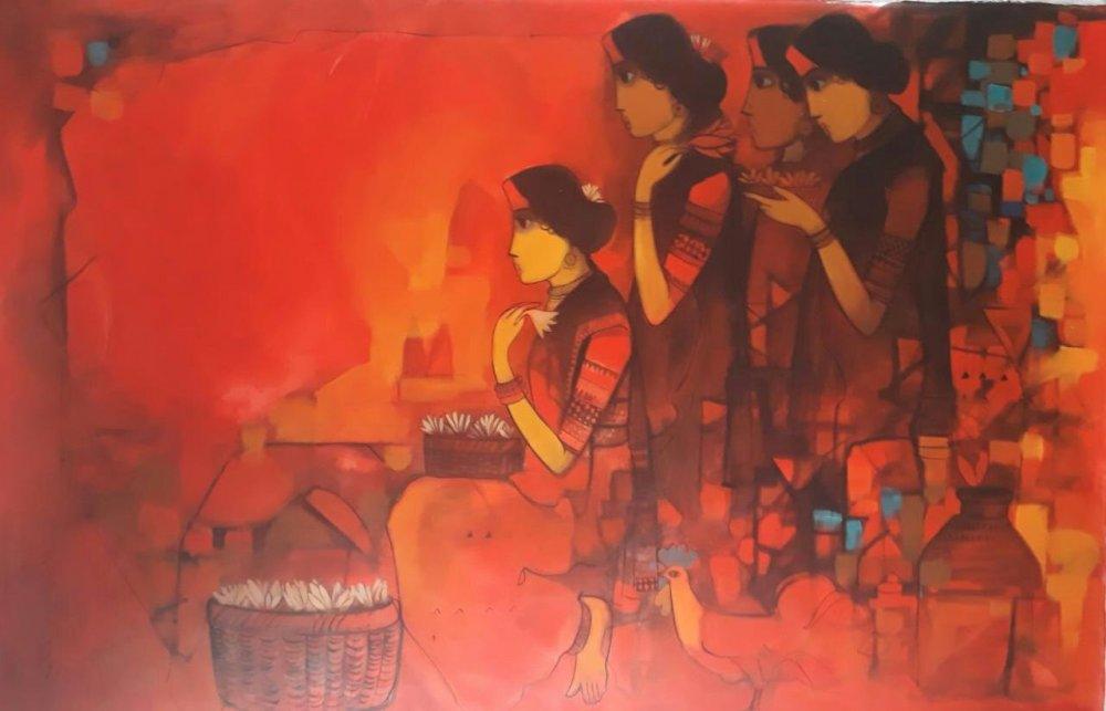 Figurative acrylic painting titled 'Flower Women', 48x72 inches, by artist Sachin Sagare on Canvas