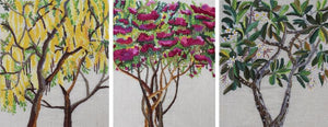 Flowers (Triptych of Trees) by Shatabdi Roy, Original Mixed Media Nature Painting on Canvas, Small Horizontal Wall Art