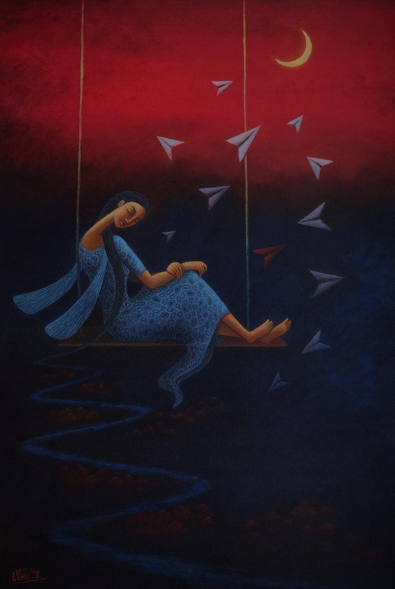 Figurative acrylic painting titled 'Flying Dreams', 36x24 inches, by artist Uttam Bhattacharya on Canvas