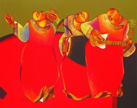 Motivational acrylic painting titled 'Folk music III', 48x60 inches, by artist Shantkumar Hattarki on Canvas