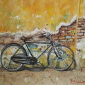 Transportation watercolor painting titled 'Forgotten BiCycle and old wall', 16x12 inches, by artist Mrutyunjaya Dash on paper