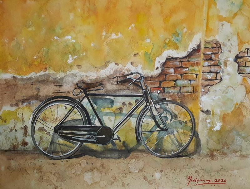 Transportation watercolor painting titled 'Forgotten BiCycle and old wall', 16x12 inches, by artist Mrutyunjaya Dash on paper