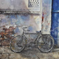 Transportation watercolor painting titled 'Forgotten BiCycle and old wall', 16x12 inches, by artist Mrutyunjaya Dash on paper