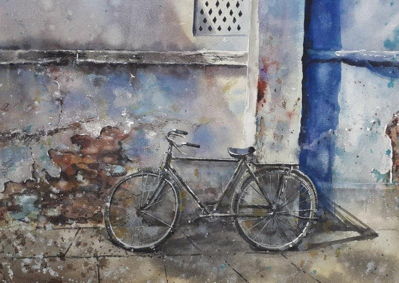 Transportation watercolor painting titled 'Forgotten BiCycle and old wall', 16x12 inches, by artist Mrutyunjaya Dash on paper