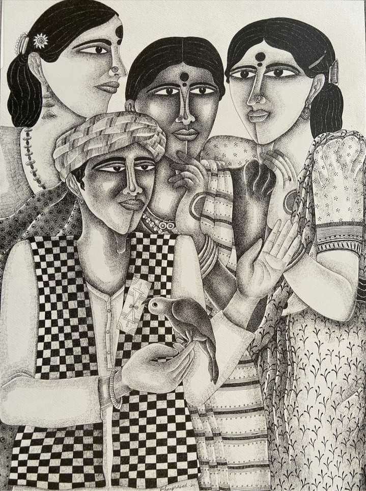 Figurative pen drawing titled 'Fortune Teller', 30x20 inches, by artist Dhan Prasad on Paper
