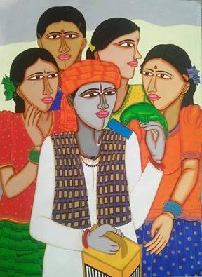 Figurative acrylic painting titled 'Fortune Teller', 29x20 inches, by artist Dhan Prasad on Handmade paper