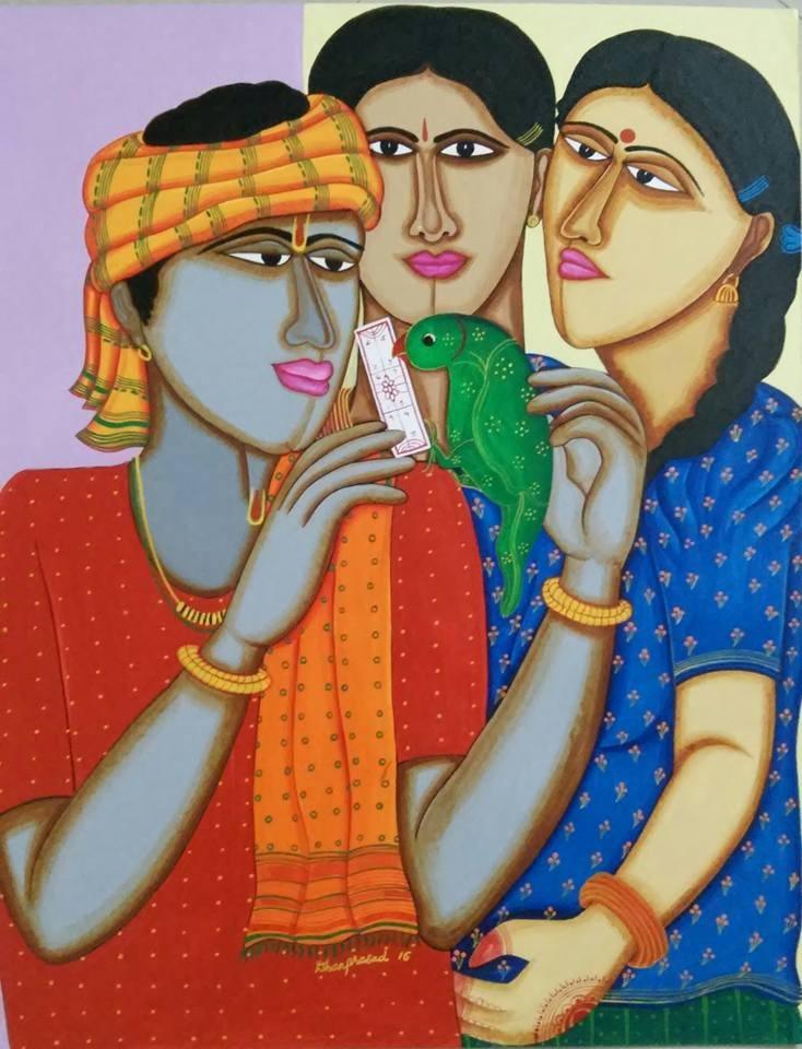 Figurative acrylic painting titled 'Fortune Teller', 26x18 inches, by artist Dhan Prasad on Handmade paper