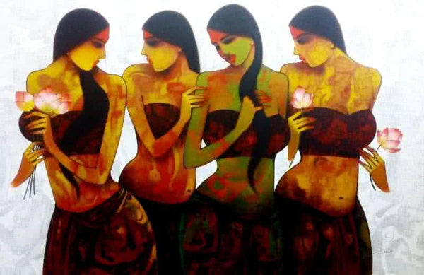 Four Girls Painting by Mukesh Salvi | ArtZolo.com