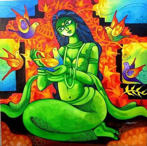 Figurative acrylic painting titled 'Freedom', 36x36 inches, by artist Pradip Goswami on Canvas