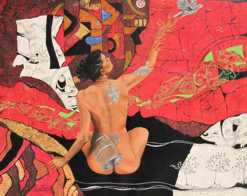 Figurative mixed media painting titled 'Freedom', 32x40 inches, by artist Kriti K.C. Saxena on Canvas