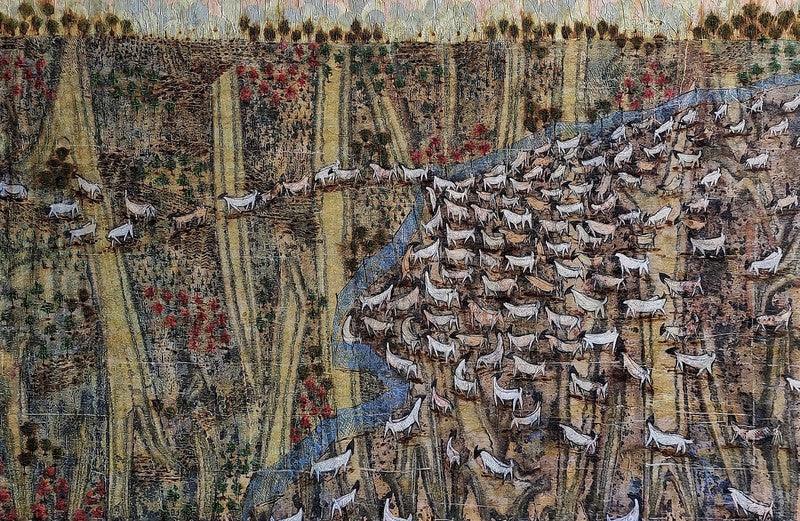 Landscape mixed media painting titled 'Freedom', 42x60 inches, by artist Pratik Raut on Paper