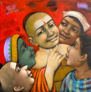 Figurative acrylic painting titled 'Friends 2', 24x24 inches, by artist Apet Pramod on Canvas