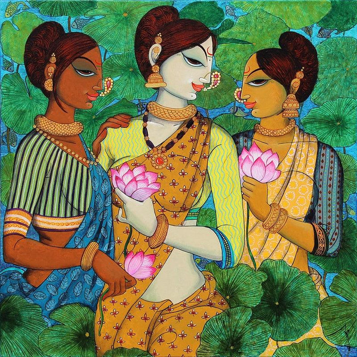 Friends And Lotus Painting by Varsha Kharatamal | ArtZolo.com