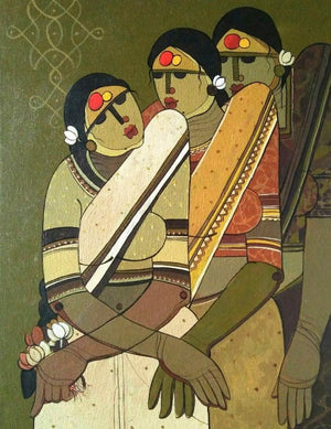 Figurative acrylic painting titled 'Friends', 24x18 inches, by artist Priyanka Chivte on Canvas
